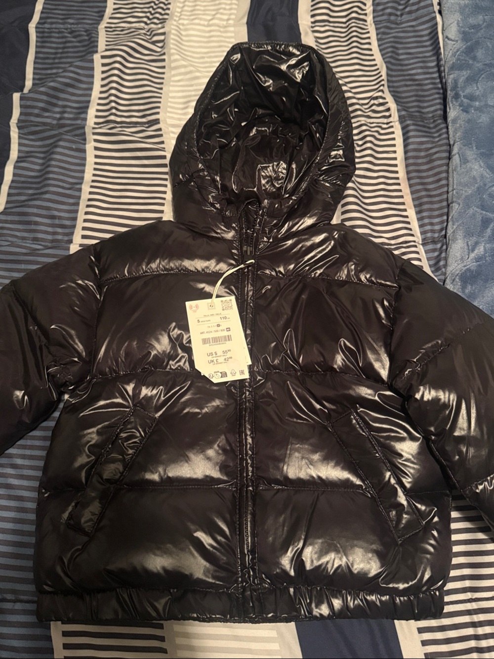 Zara Shiny Black Quilted Hooded Puffer Jacket